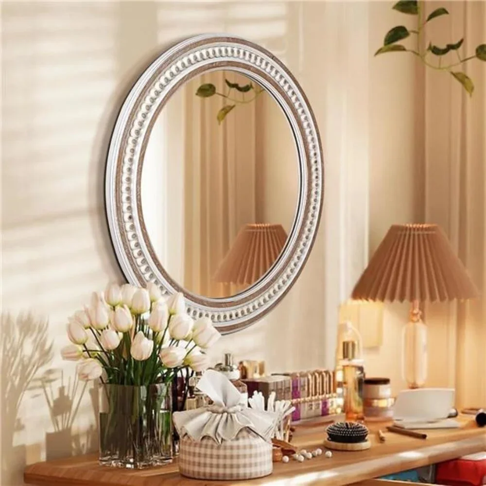24 Inches Rustic Round Wall Mirrors -Wooden Farmhouse Circle Mirror for Bathroom
